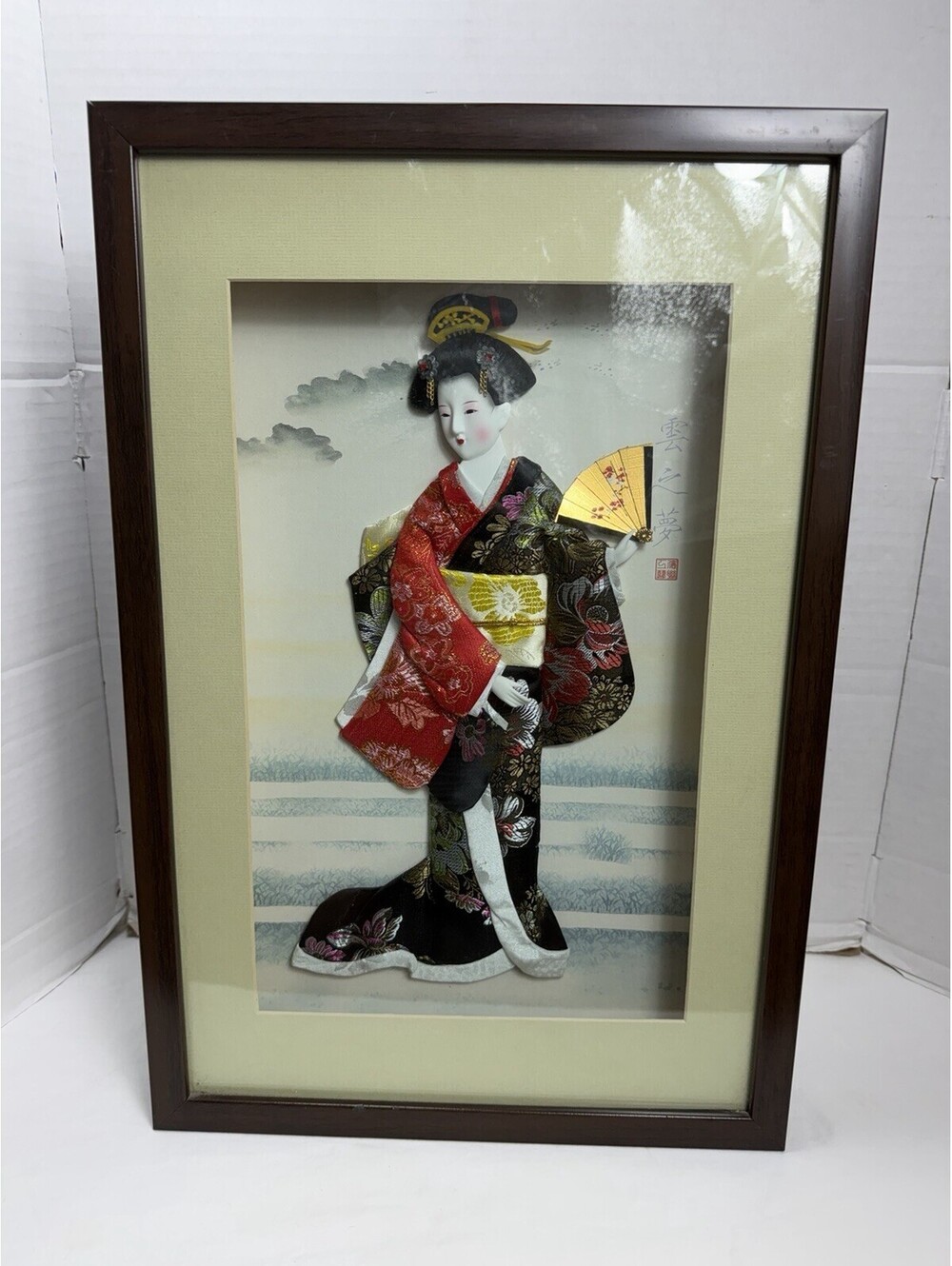 Vintage Japanese Oshie Geisha 3D Fabric Shadow Box Framed Folk Art Décor Panel
